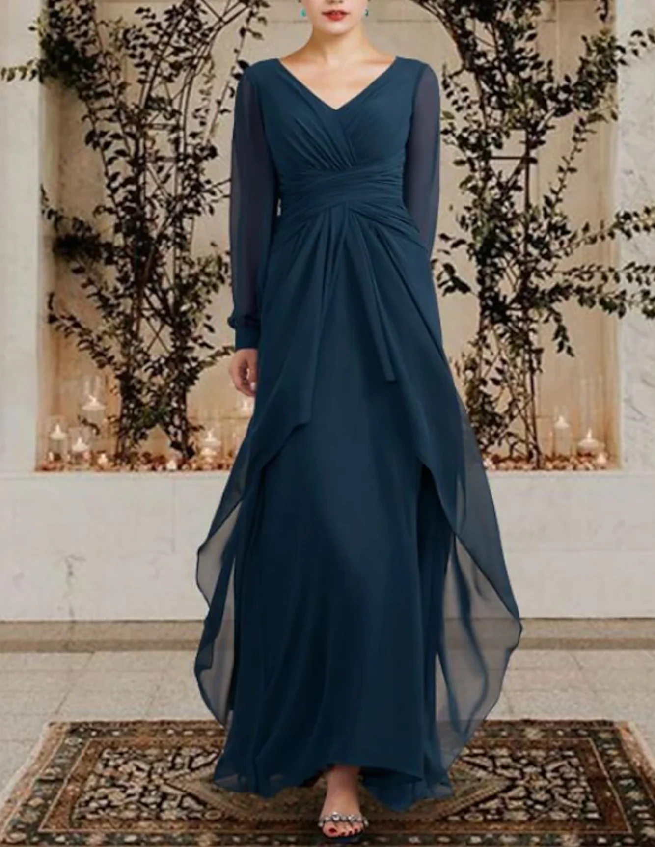 A-Linie Mutter der Braut Kleid Hochzeit Gast V-Ausschnitt bodenlangen Chiffon Langarm mit gerafften Rüschen seitlich drapiert 2024