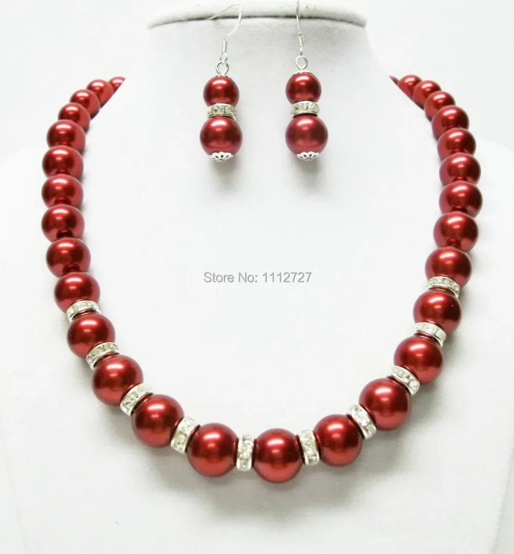 Discount!DIY Lovely 8mm Red Sea Shell Pearl Necklace Earring Set Jewelry Set 18
