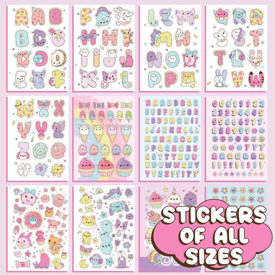 Mais de 1500 adesivos fofos kawaii, livro de 43 páginas para scrapbooks, planejadores, letras, planejador feliz, laptop, garrafa de água, decoração, ideal para
