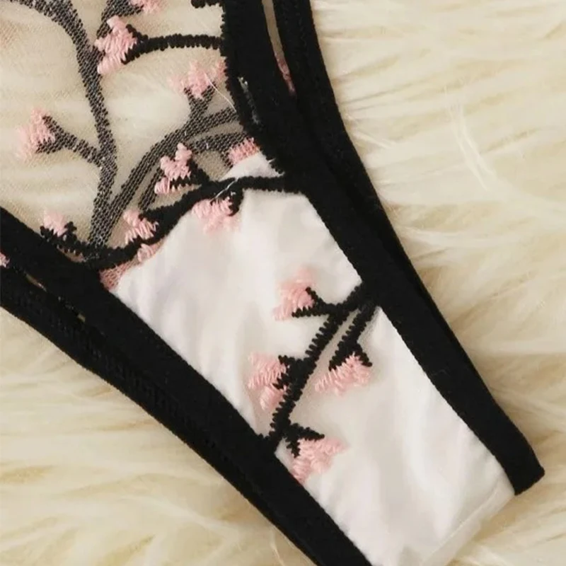 Conjunto de ropa interior Sexy para mujer, conjunto de lencería de malla transparente con bordado Floral, sin sujetador, Bralette sin espalda, conjunto de Sujetador de encaje íntimo sexi