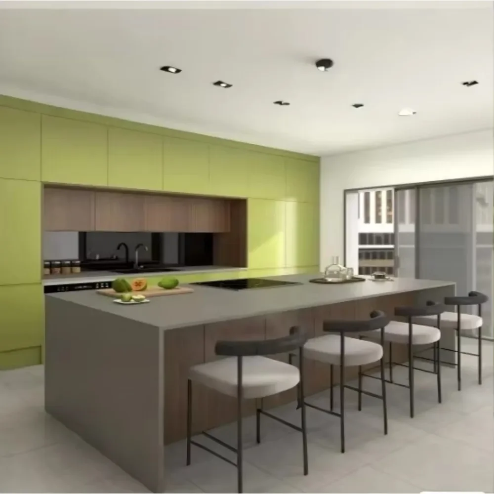 Contemporary Liner Shape Design  Olive Green Bespoke Cuisine Cupboard Lacquer Panel Kitchen Cabinet with Island