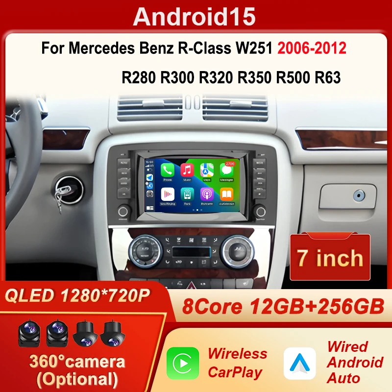 For Mercedes Benz R-Class W251 2006-2012 R280 R300 R320 R350 R500 R63 Android 15 Car Radio Video Multimediale Auto CanPlay GPS
