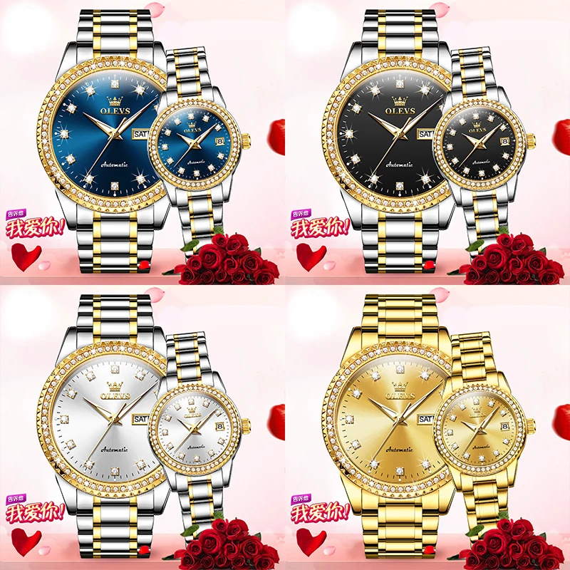 OLEVS New Couple Watches orologio da polso meccanico automatico di lusso quadrante con diamanti data settimana His and Her Watch Waterproof Luminous muslimah