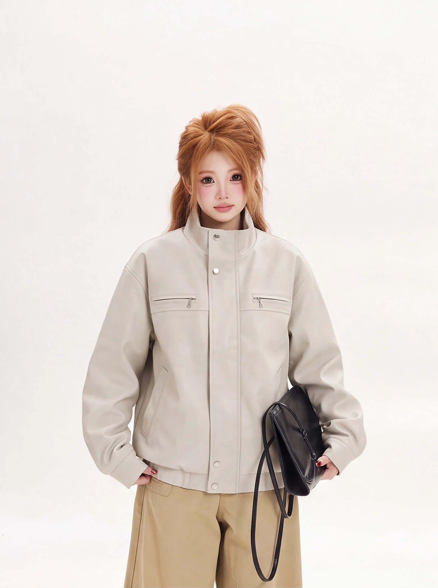 Slimming Ant American Retro Stand Collar PU Leather Jacket Women Loose Style Student Versatile Autumn Outerwear Coat