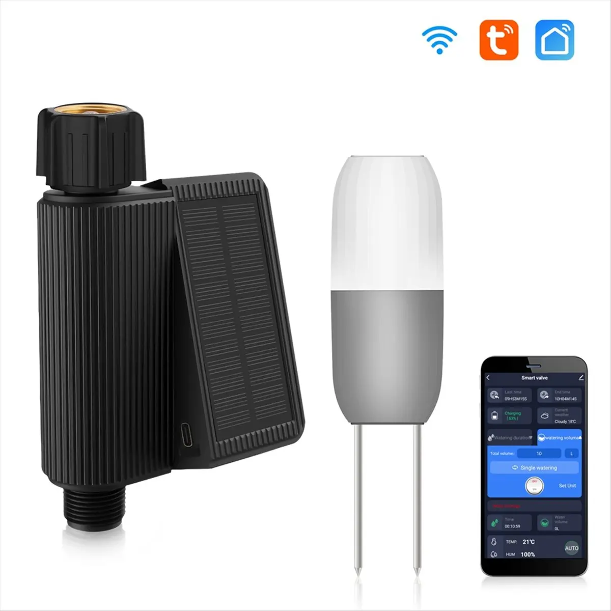 Exquisite- Tuya WiFi Solar Powered Water Timer Meter IP65 Waterproof DN20 Inlet with Soil Temperature Humidity Sensor Detector