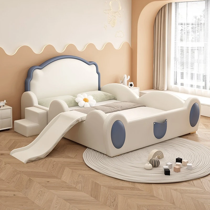 

Cartoon children's bed modern minimalist style bear bed 180x200cm leather fence slide multi-functional кроватьbedroom furniture