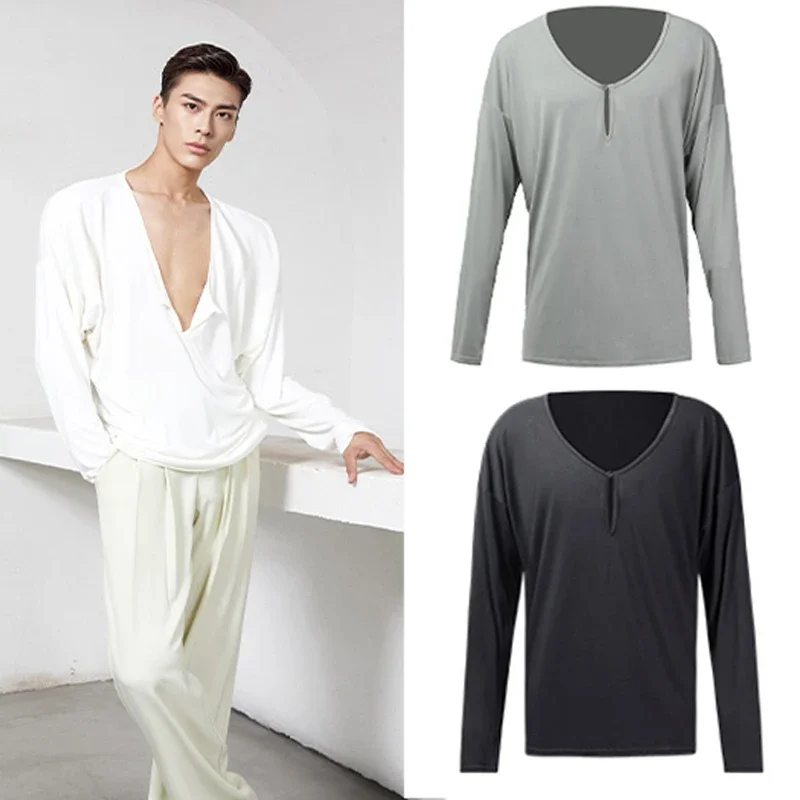 2024 Men Latin Dance Shirt Loose Long Sleeve V-Neck Latin Tops Ballroom Modern Salsa Tango Samba Laitn Shirt Dancewear SL5585