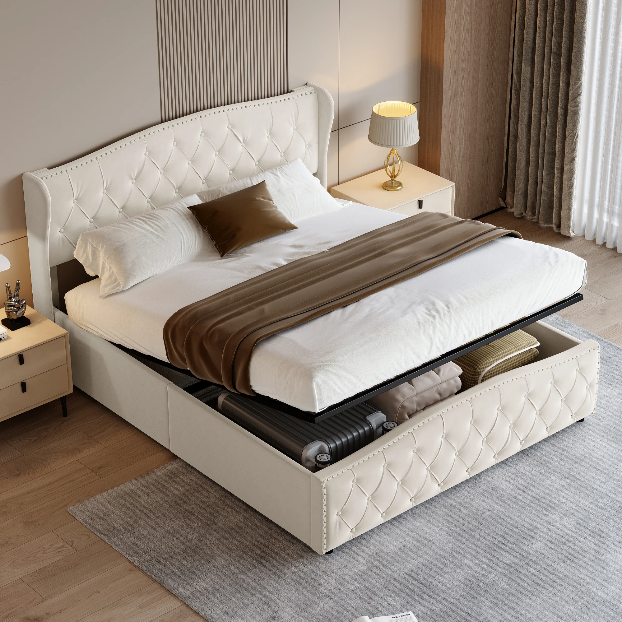 Double adult bed with slatted base and storage headboard, flannel - 160x200 cm - Beige - without mattress