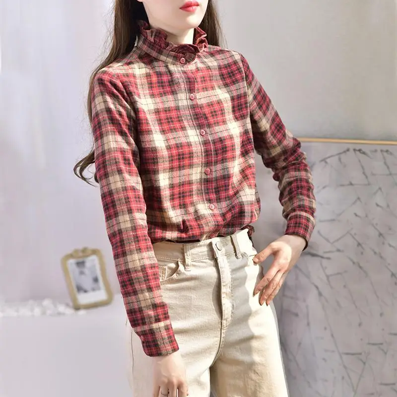 Vintage Printed Button Ruffles Loose Plaid Shirt Female Clothing 2022 Autumn Winter New Casual Tops All-match Korean Blouse