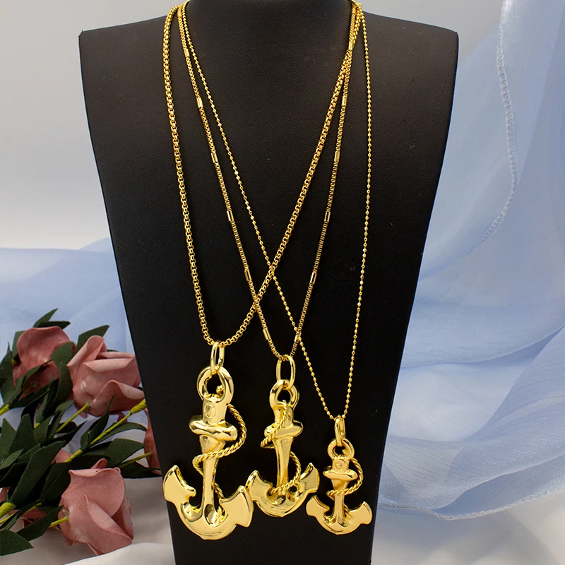 Anchor Pendant Necklace Gold Plated Dubai African Accessories For Women Small Medium Big Size Men Hip Hop Fashion Jewelry