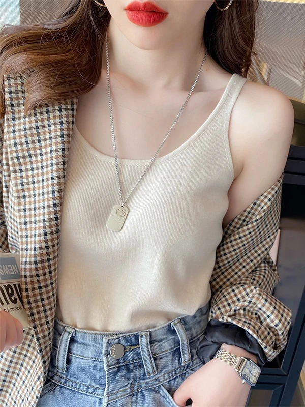 初秋ニットスーツインナータンクトップレディーススベルベースレイヤーホワイトVネベスト通勤スレポリエステル繊維