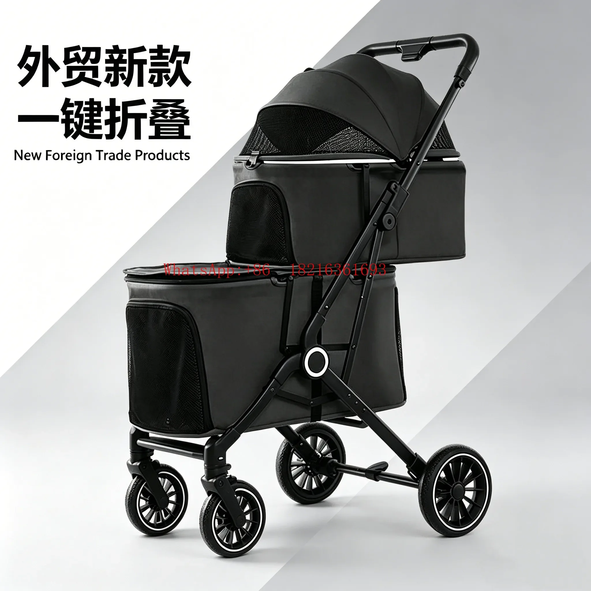 Limited Offer Double-layer Pet Cart Lightweight Foldable Push Pet Cart Small Dog One-click Folding