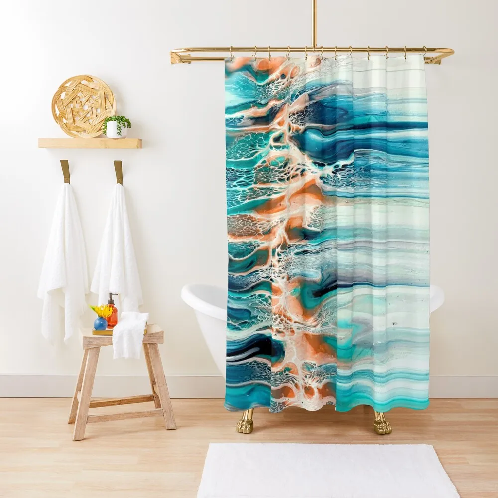 

Coral, Blue, Teal, and Grey Ocean Inspired Abstract Fluid Art Shower Curtain Cute Shower Window Bathroom And Shower Curtain