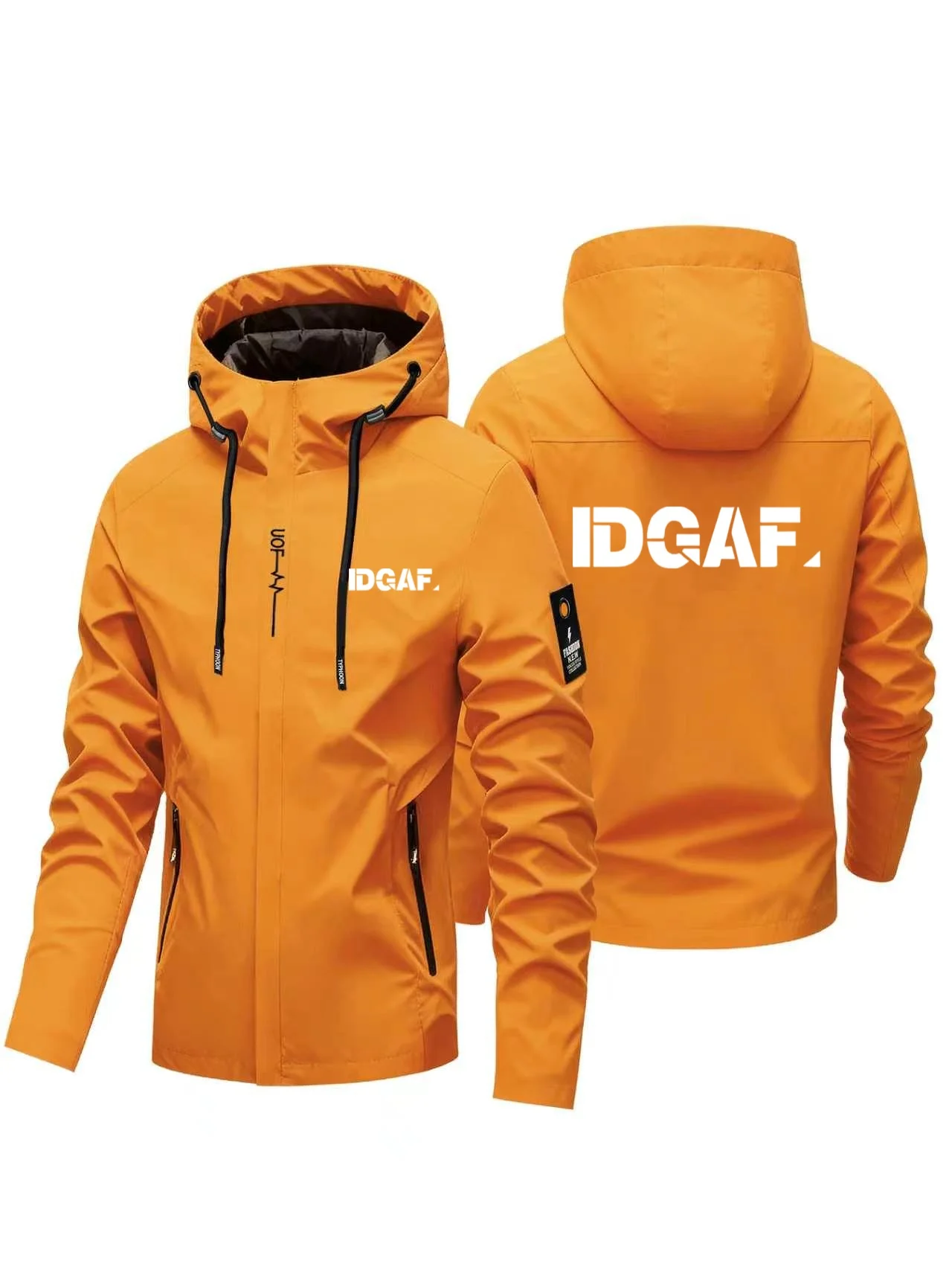 2026 New Model Men Urban Streetwear Hooded Windbreaker Jacket Bold IDGAF Text Print Full Zip Wind Resistant Casual Outer Coat