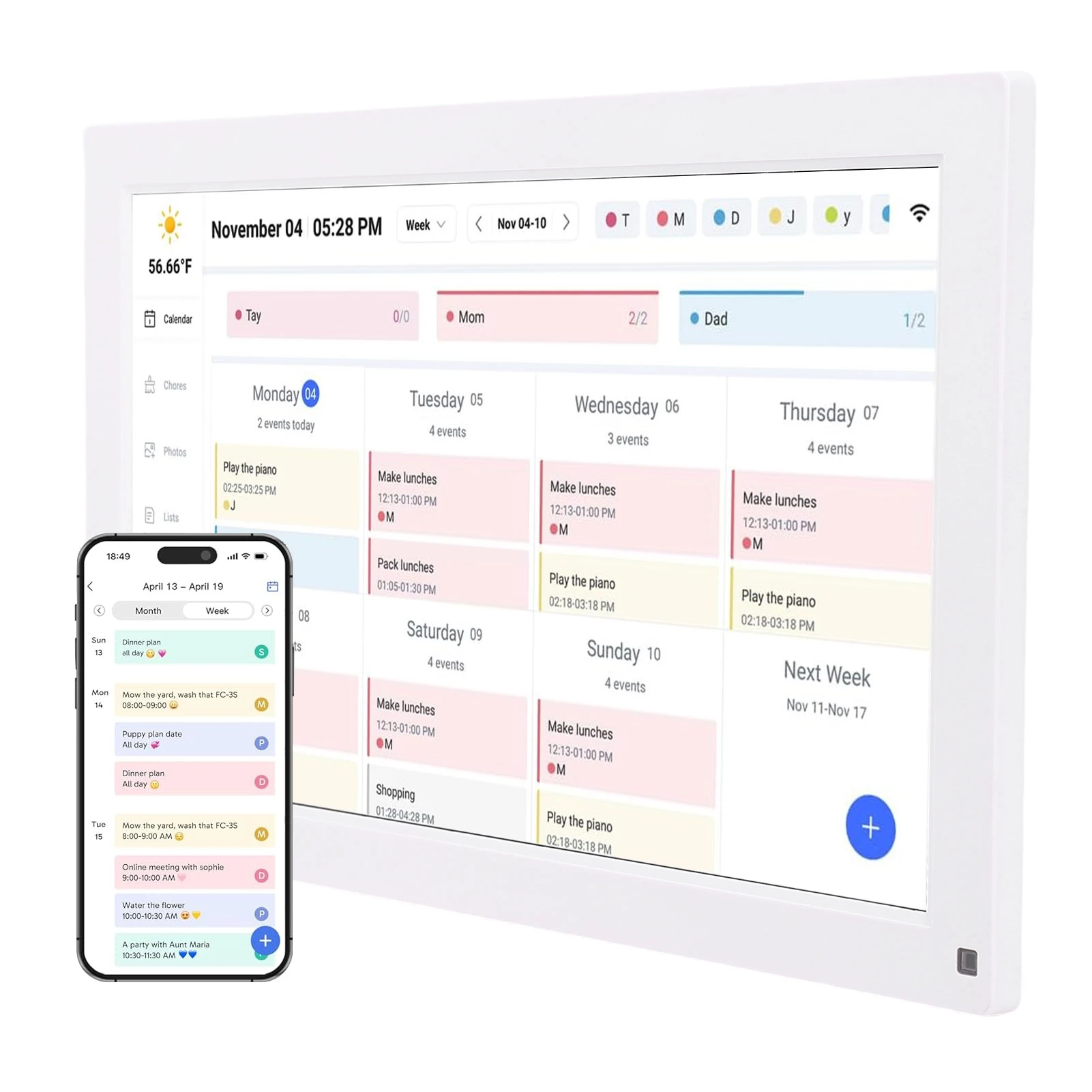 スマートデジタル家事表カレンダー 15.6インチFHDタッチスクリーン 壁掛け/卓上両用 Wi-Fi同期＆デジタルフォトフレーム機能付き