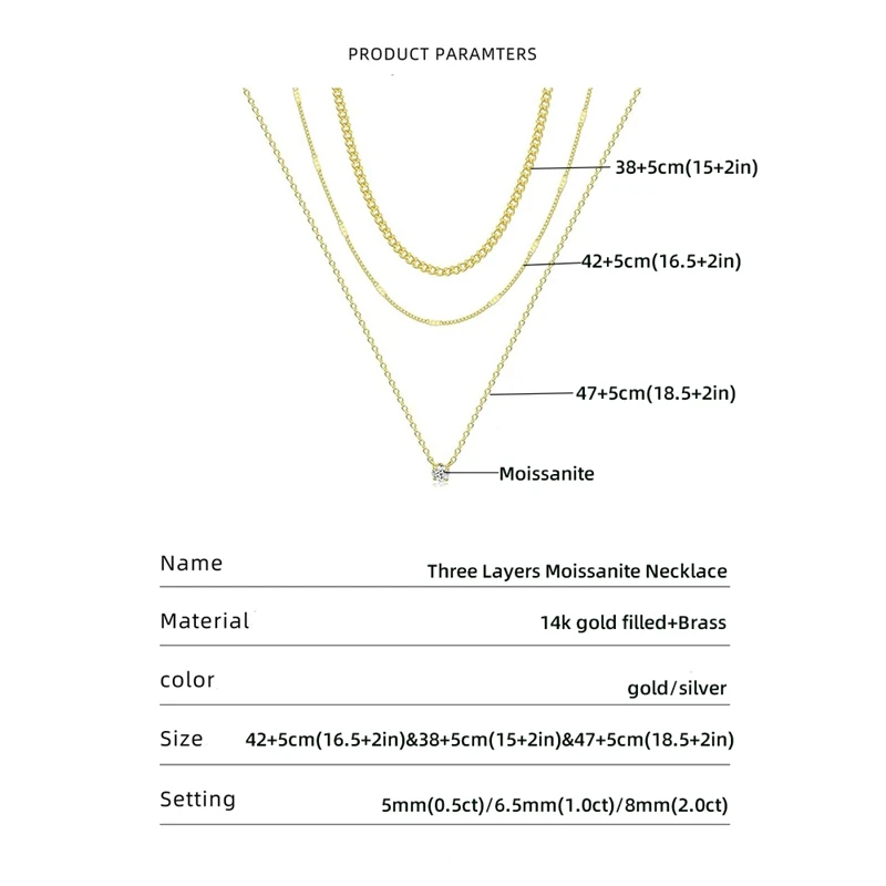Lnngy Certified 0.5ct–2ct Solitaire Moissanite Pendant Necklace Multilayer Cubain Chain Necklaces for Women Choker Jewelry
