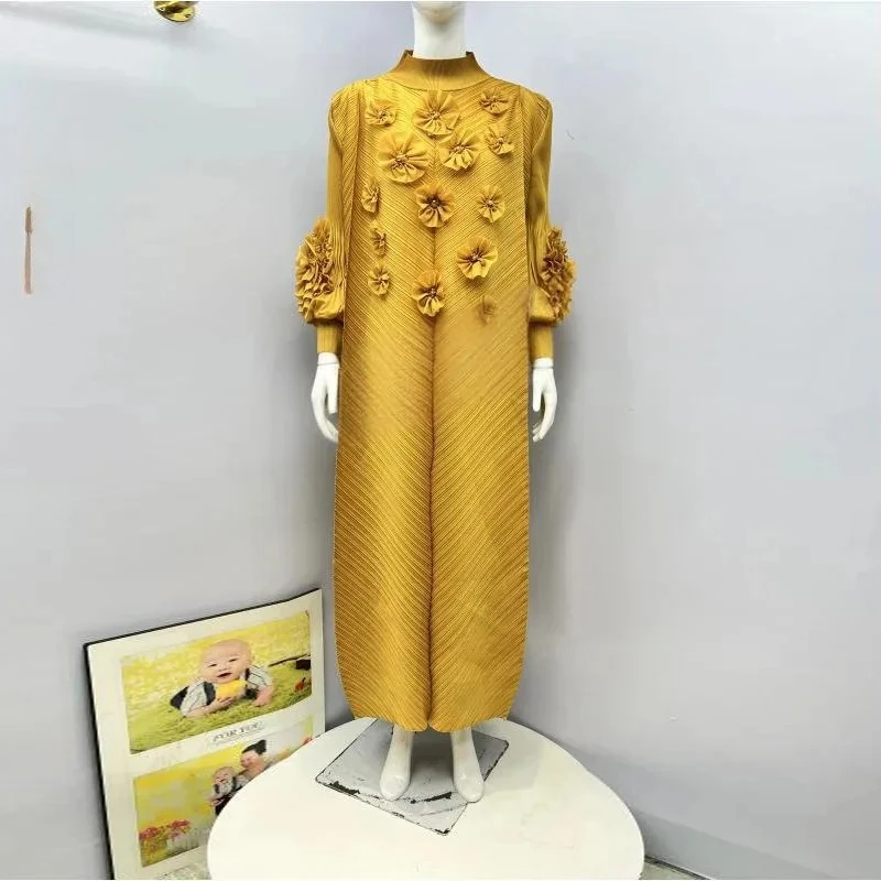 

Miyake Fashion Casual Design Solid Colour Pleated Women's Dress 3D 3D Flower Design Long Sleeve Elastic Dress 2025 Summer New
