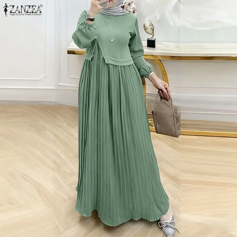 

Ramadan Abaya Muslim Hijab Dress ZANZEA Women Spring Patchwork Maxi Dresses Elegant Long Sleeve Pleated Sundress IsIamic Robe