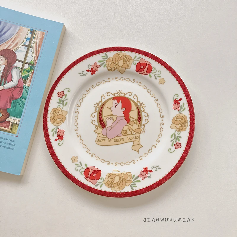 Red Rose Flower Breakfast Plate Dessert Plate Anne of Green Gables Themed Healing Series Hard Fine Porcelain round Dish for A...