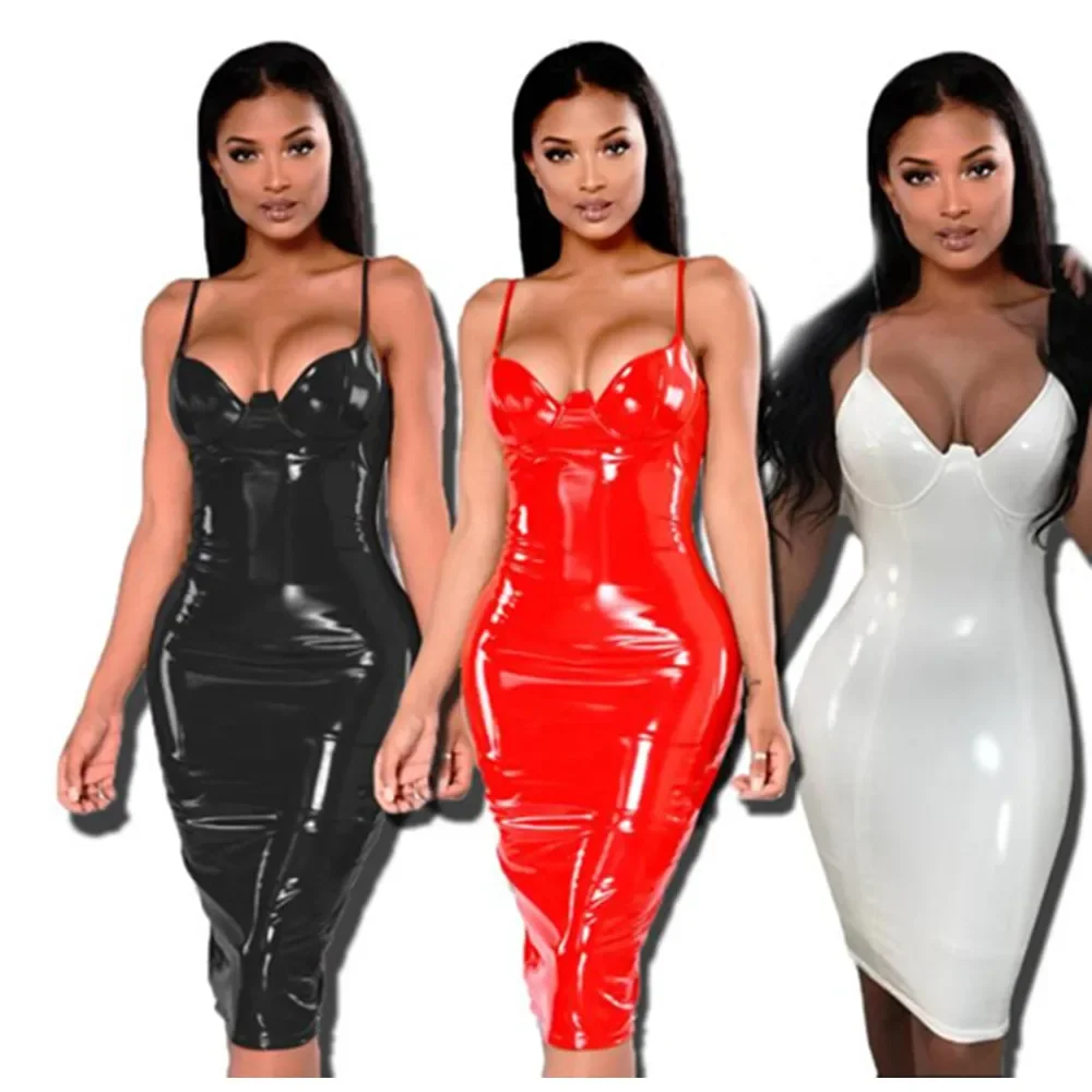 Summer Women Bodycon Glossy Latex Leather Midi Cami Dresses Plus Size Lady Spaghetti Strap Sleeveless Sexy Knee Length PVC Dress
