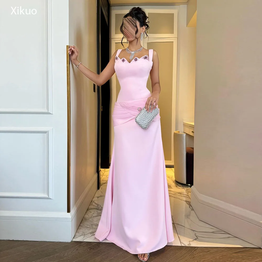 

Xikuo Satin Pink Crystal Evening Dresses Spaghetti Straps Prom Gowns Sweetheart Mermaid Cocktail Celebrity Dresses Customized