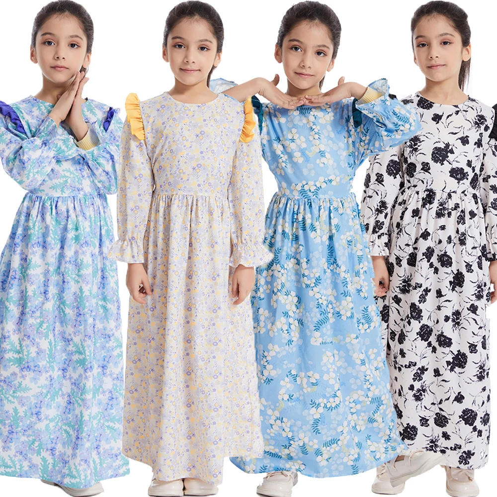 

Muslim Islamic Girls Ramadan Floral Print Abaya Long Dress Children Kaftan Gown Arab Prayer Robe Turkey Kaftan Kids Eid Clothing