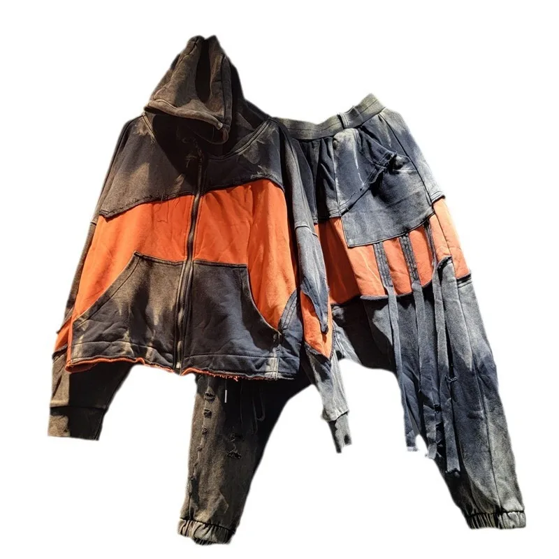 WTHT Vintage Trendy Women Suits Control Color Hooded Denim Jacket Waist Ribbon Design Jeans Set Female 2024 Autumn 1LS045