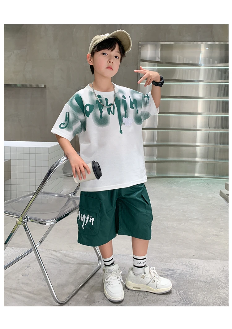Heißer Verkauf Jungen Sommer Mode Baumwolle 2-teilige Kurzarm-T-Shirts + Shorts Anzüge 5-14 Jahre Kinder Freizeitkleidung Kinderbekleidungssets – Detail 10