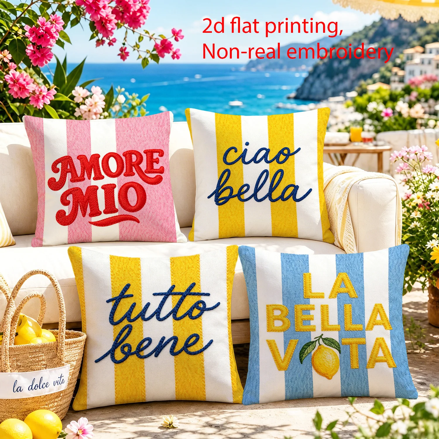 4 Piece Italian Beach Pillow Covers Set Nautical Coastal Mediterranean Cushion Throw Pillows for Sofa Home Decor Accent Polyeste