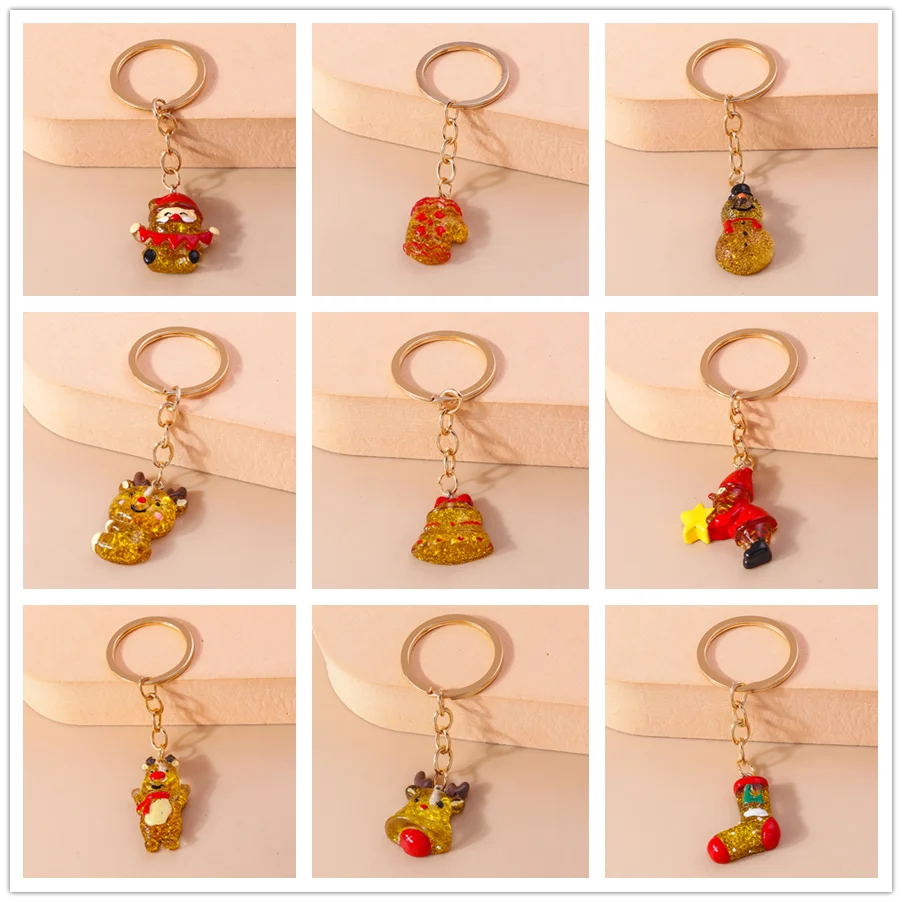 Leslie Shinning Resin Merry Christmas Keychain Christmas Deer Snowman Santa Claus Keychain Keyring Pendant New Year Jewelry Gift