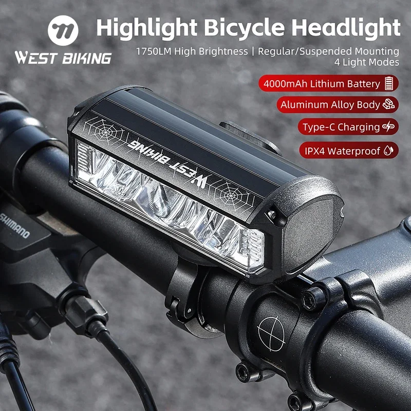 

WEST BIKING 1750 Lumens Bike Light 3 LED Wide Angle Headlights Power Display Type-C Rechargable Cycling Quick Release High Beam