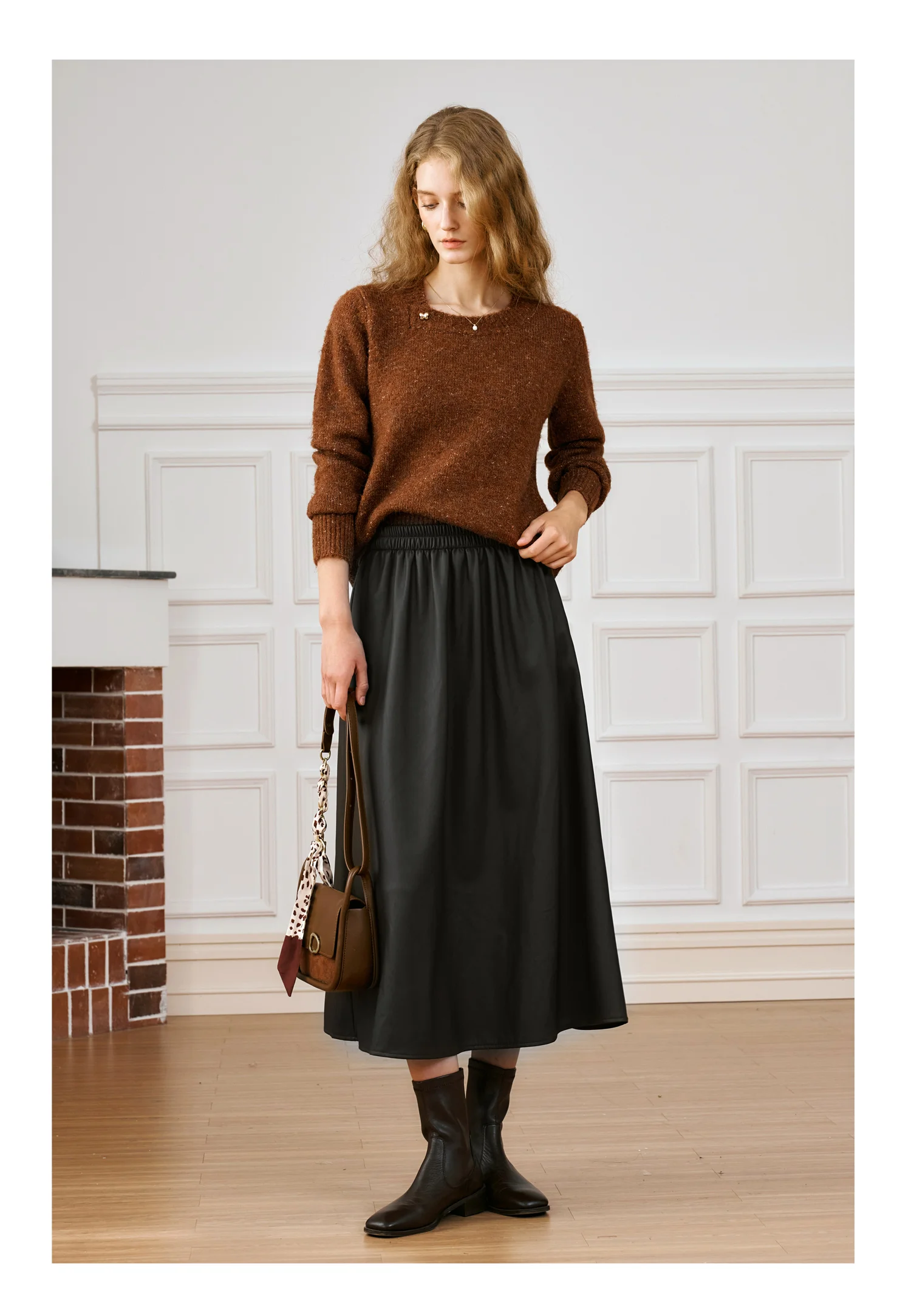 

OLrain Simple Office Lady Faux leather Midi Skirts Women Autumn 2025 New Elegant Skirt Middle Waist A-LINE Bottoms M56QB88368