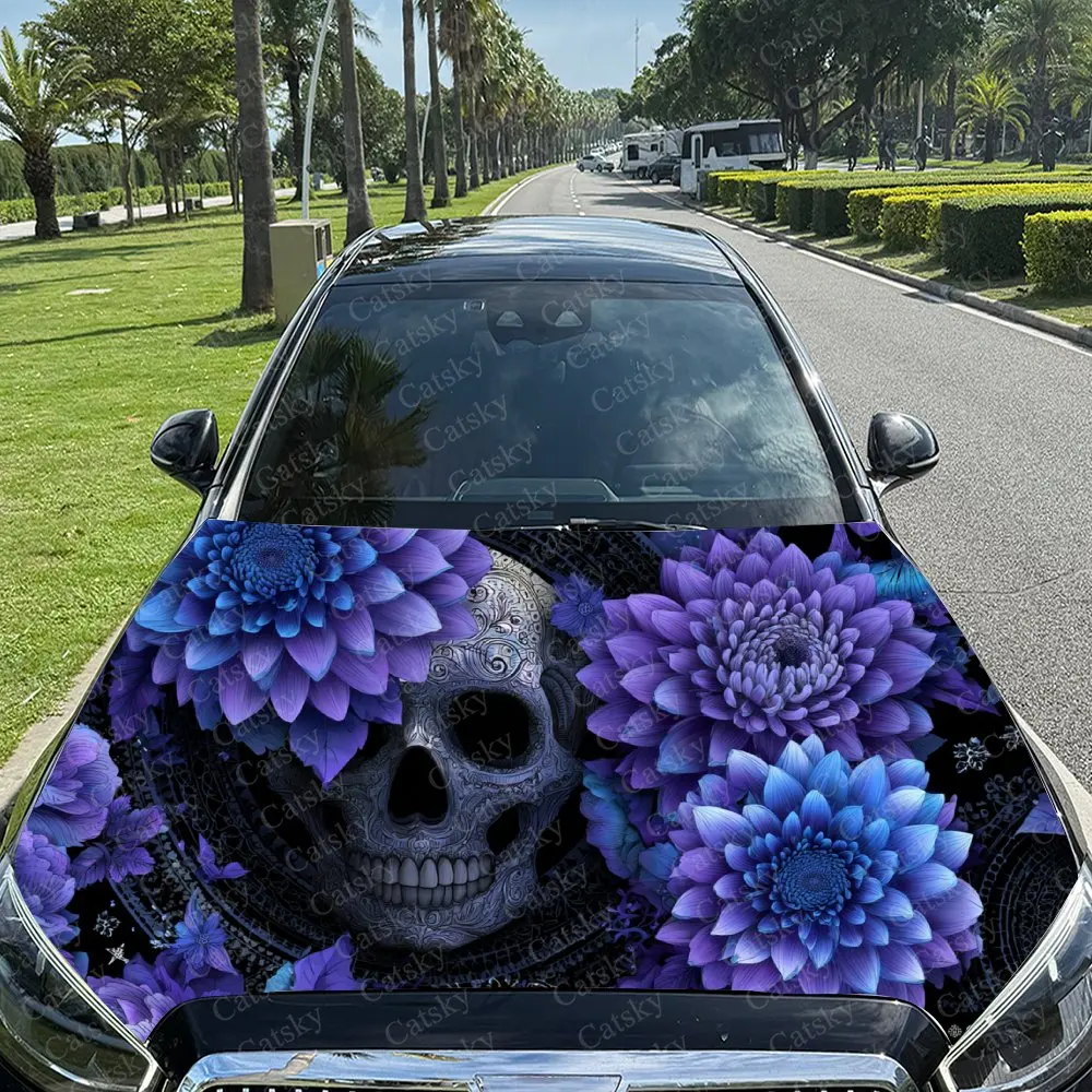 

Car Decal Purple & Blue Floral Skull in Dark Gothic Design, Creating a Bold and Enchanting Visual Car Hood Sticker, Waterproof S