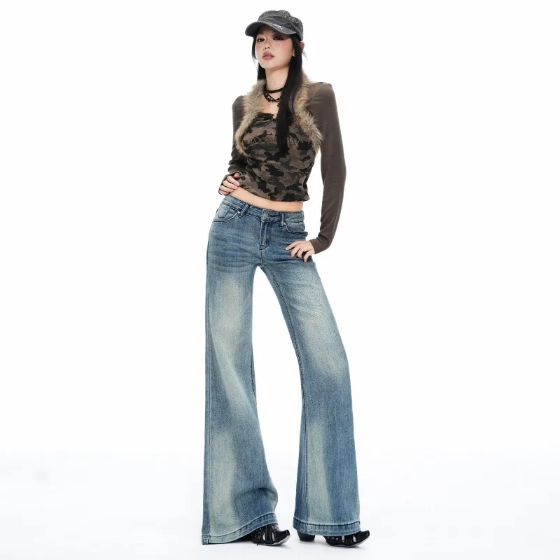 Y2K Women Light Blue Washed Stretch Flare Denim Jeans 2026 New Mid‑Rise Textured Slim Hip Lifting Casual Long Trousers