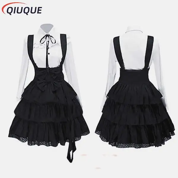 Femmes Classique Lolita Robe Vintage Femmes Tenues Cosplay Anime Inspirée Bol Manches sulfNoir Longueur Genou Chemise Robe S-5XL