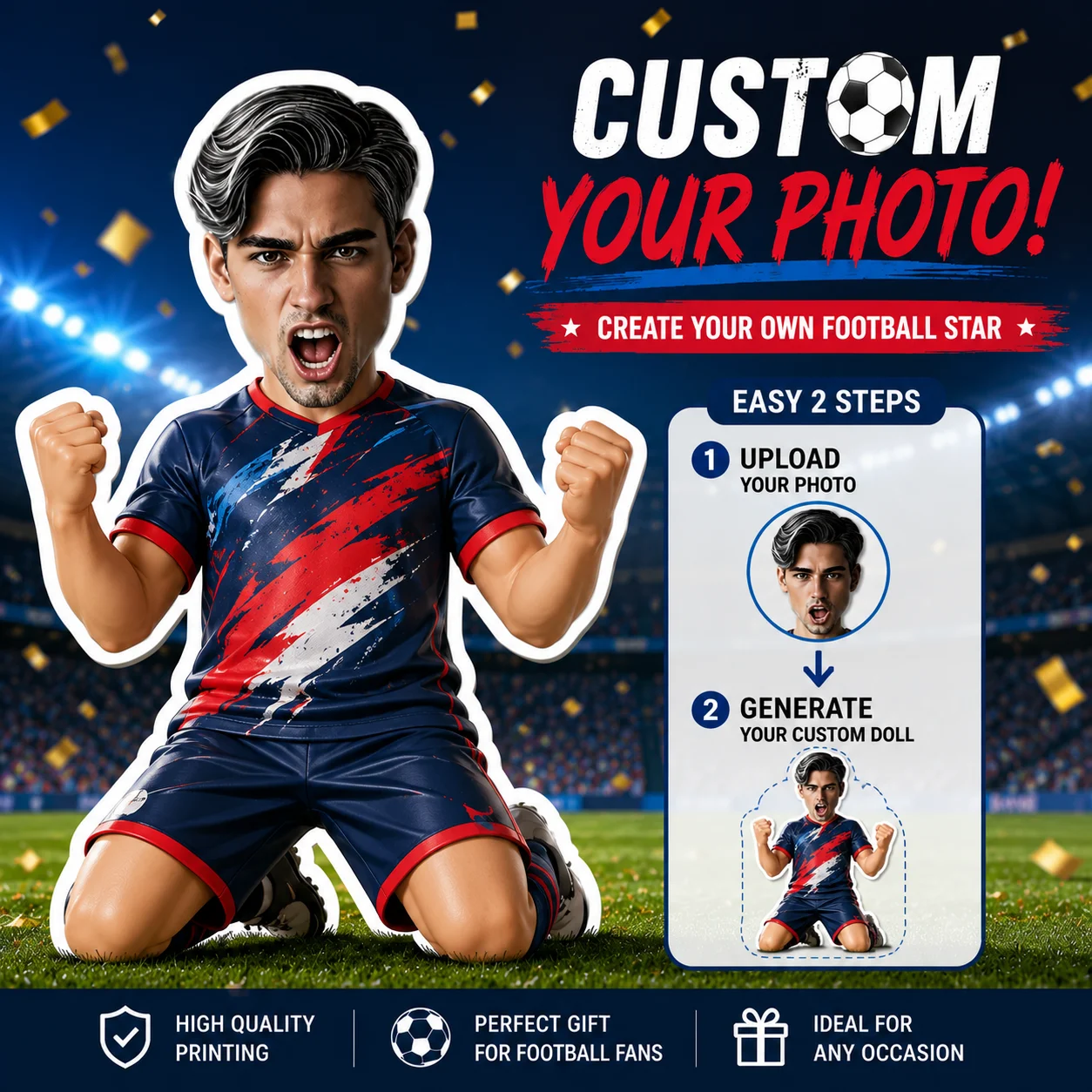Personalisiertes Fußball-Sitzkissen, Maßgefertigtes Q-Version-Kissen mit Echtem Avatar, Faustpumpende Feierpose, Individuelles Fußballstar-Modell, Geburtstagsgeschenk für Fußballfans, Kreatives