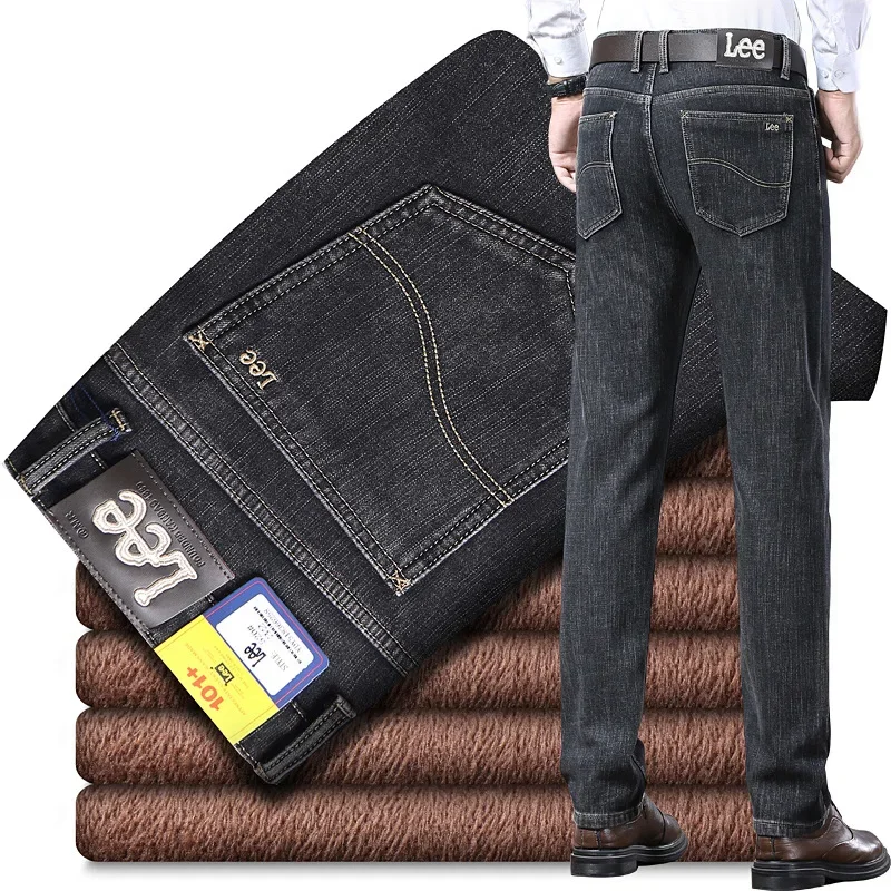 Lee Dex Jeans Men's Fleece-lined Thickened Winter Warm Straight-leg Loose-fit Casual Elastic Trousers Middle-aged Business