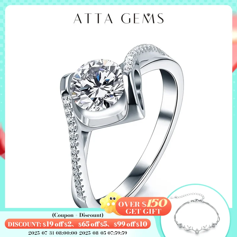 

ATTAGEMS 925 Sterling Silver Moissanite Ring Round Cut 1.0CT VVS D Color Moissanite Passed Diamond Test Elegant Rings for Women