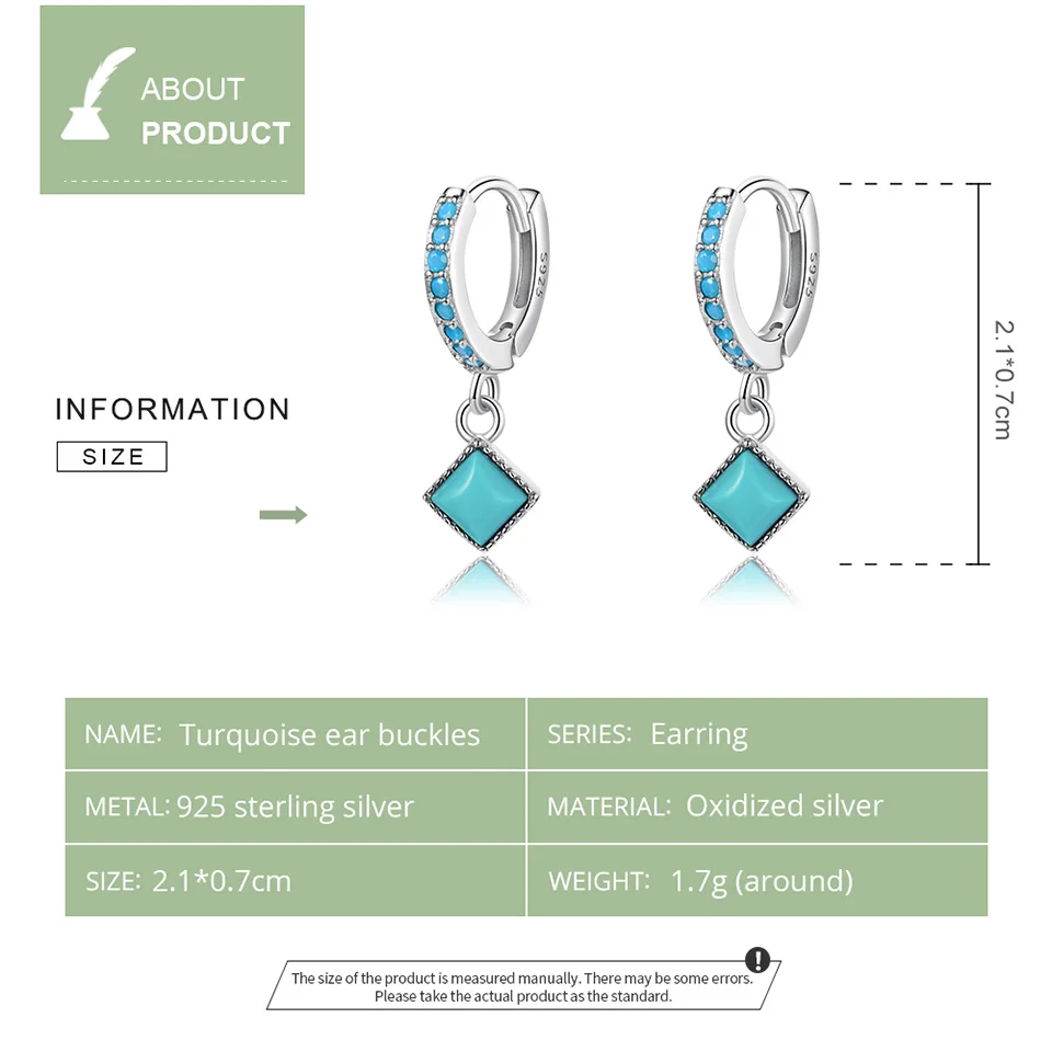 BISAER 925 Sterling Silver Ear Buckles Vintage Simple Turquoise Pendant Drop Earrings for Women Party Wedding Fine Jewelry