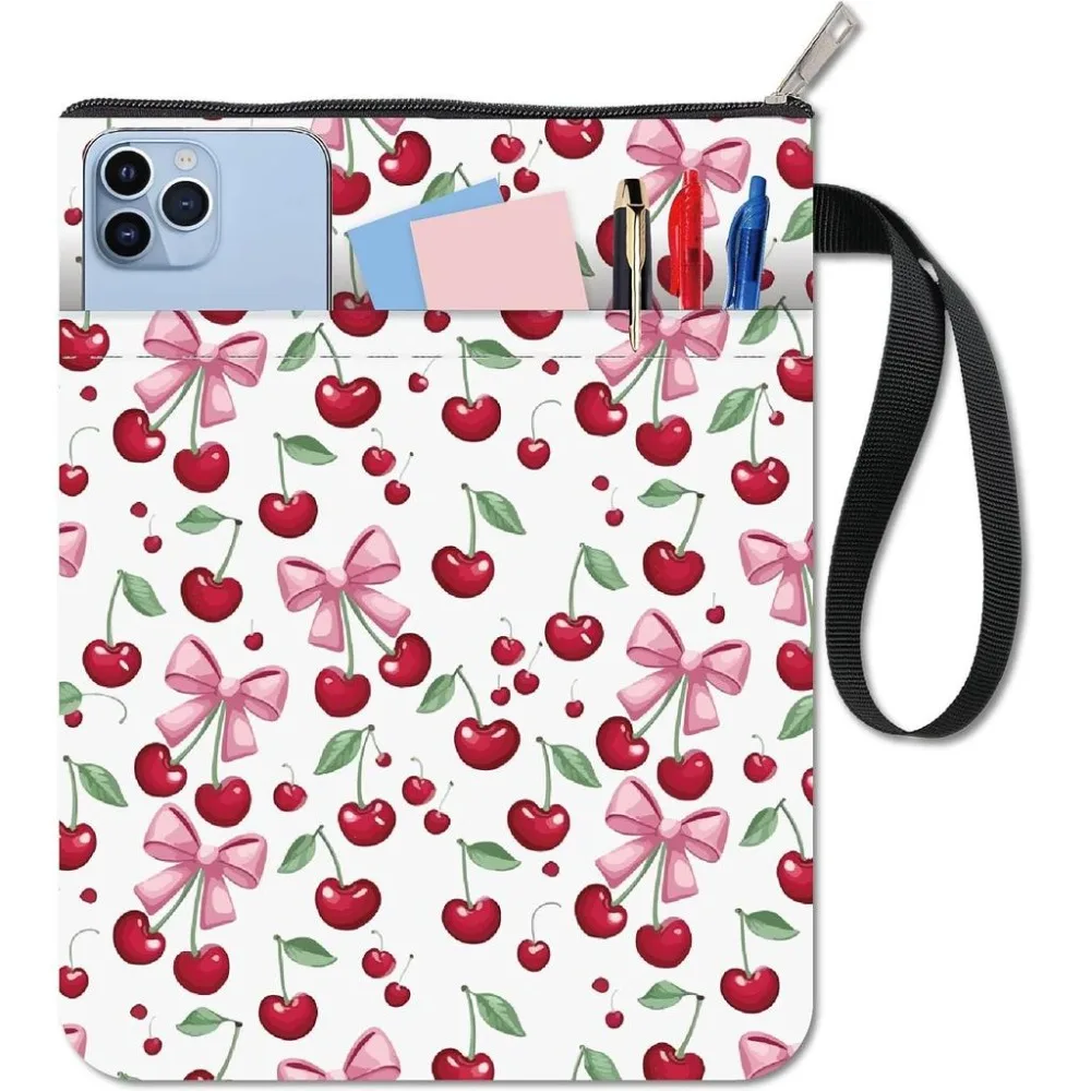 11x8.6In Cloth Book Cover Bowknot Cherry Pink Cute Sleeve Pocket Fabric Washable Reusable Double Sided Notebook Wraps Paperback