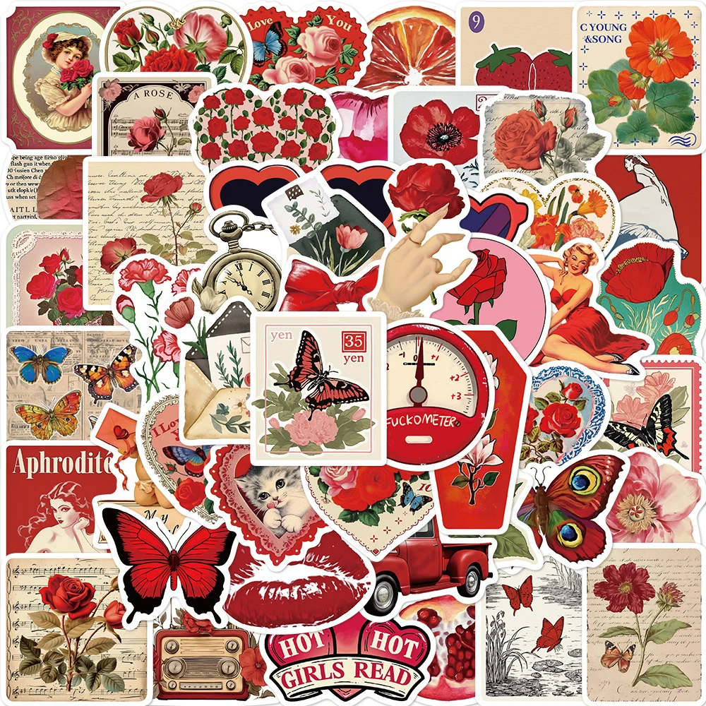 10/30/50pcs 만화 장미 꽃 스티커 레트로 레드 미적 낙서 데칼 DIY 노트북 전화 가방 스티커 장식 선물
