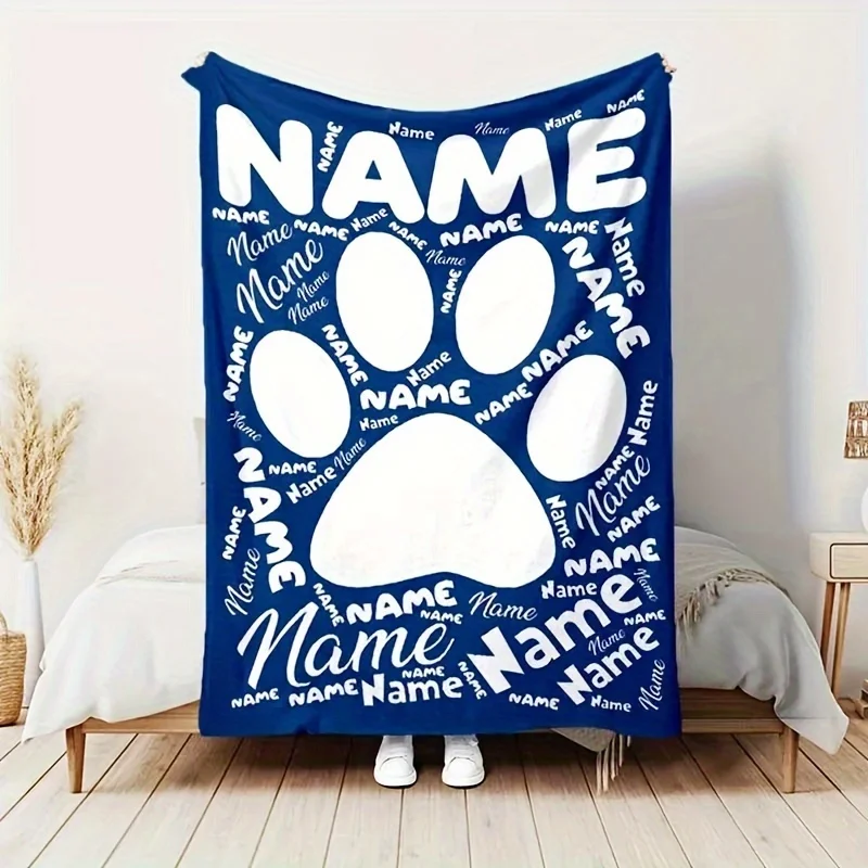 Personalisierte Flanelldecke mit Hundepfotenmuster, individueller Name, warm, gemütlich, für Couch, Bett, Büro, perfektes Geschenk für Haustierbesitzer, Familie, Freunde