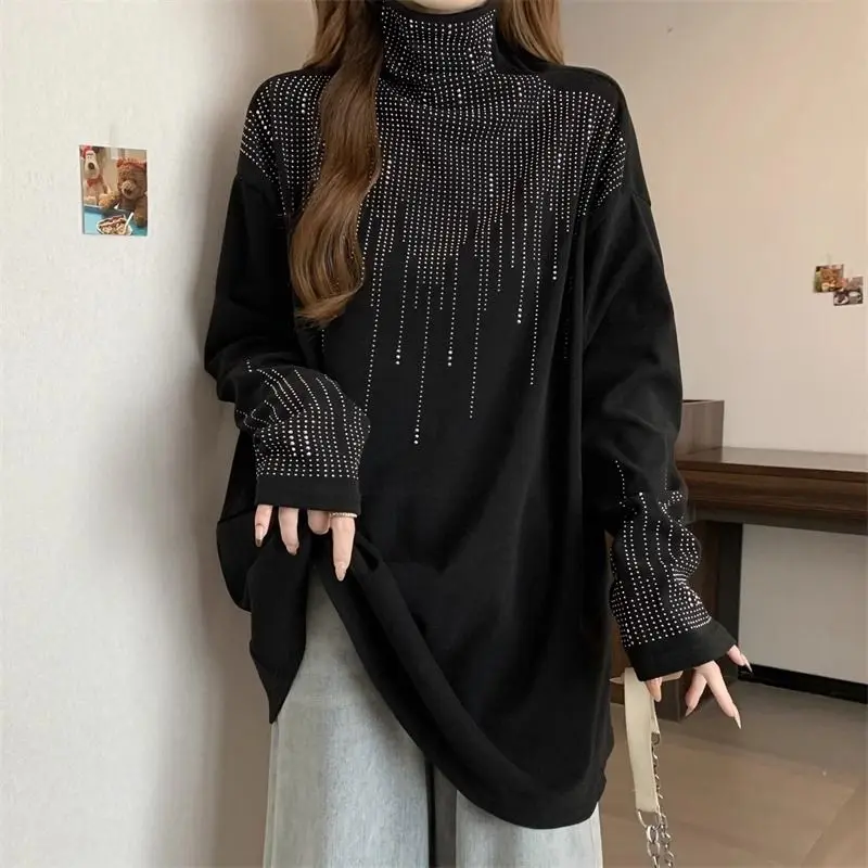 

Autumn Winter New Women Black Diamonds Long Sleeve T-Shirts Turtleneck Fashion Bottoming Shirt Elastic Plus Fleece Thermal Tops