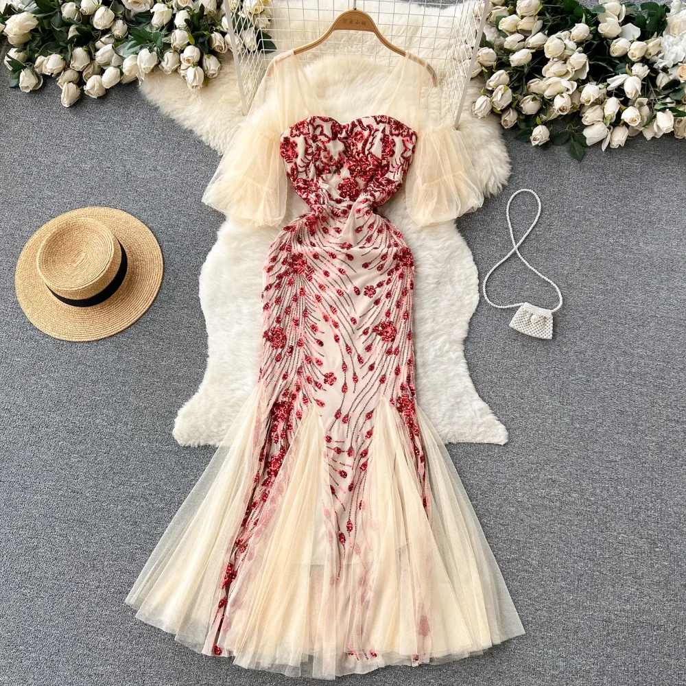 

Sexy Sequin Patchwork Mesh Dress Chic Elegant Evening Party Luxury Robe Women High Waist Slim Ceremonial Trumpet Dress