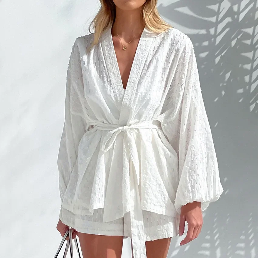 

Fmxires Fashion Long Sleeve Robes Top Two Piece Sets Womens Outifits Autumn Casual White Home Suit Elegant Shorts Women'S Sets