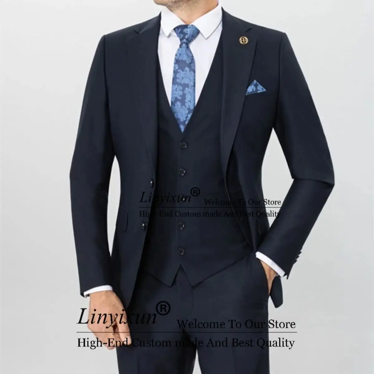 

Formal Navy Blue Slim Suits For Men Peaked Lapel Wedding Groom Tuxedos 3 Piece Set Business Office Blazer Outfit Costume Homme