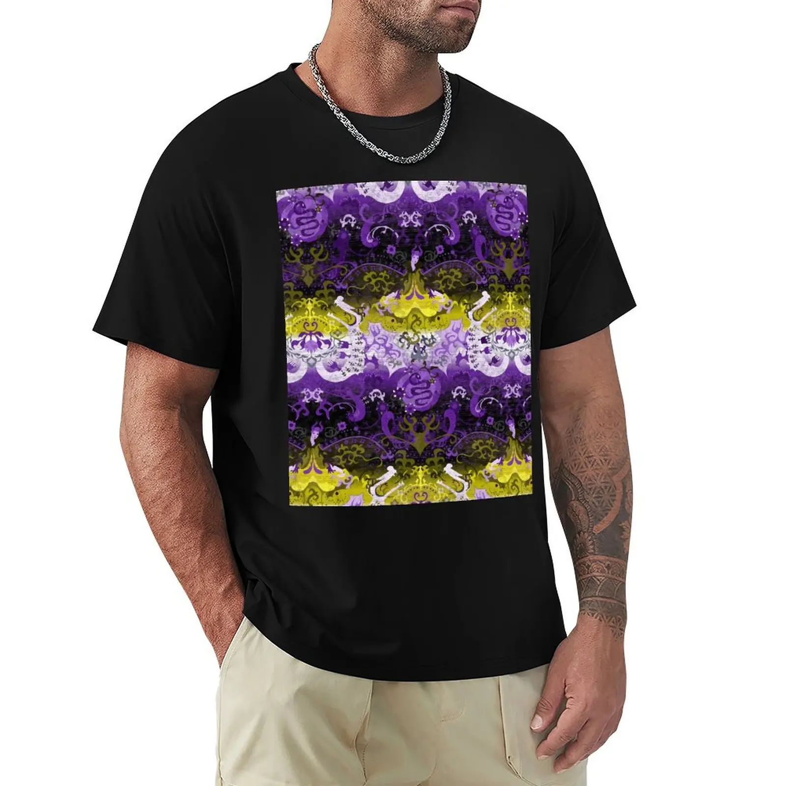 Non-binary Dragon Damask -- NonBinary Pride Flag Colors T-Shirt Casual Fashion Print Tee Top