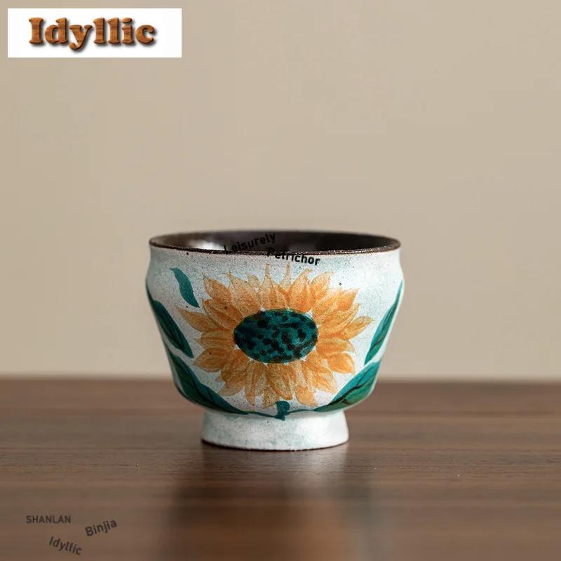 

2 шт./лот, ручная роспись, чашка на шнурке с подсолнечником, эстетическая чайная чаша, милая чашка, чашка для медитации, дегустация чая, чашка Jianzhan Master, 80 мл