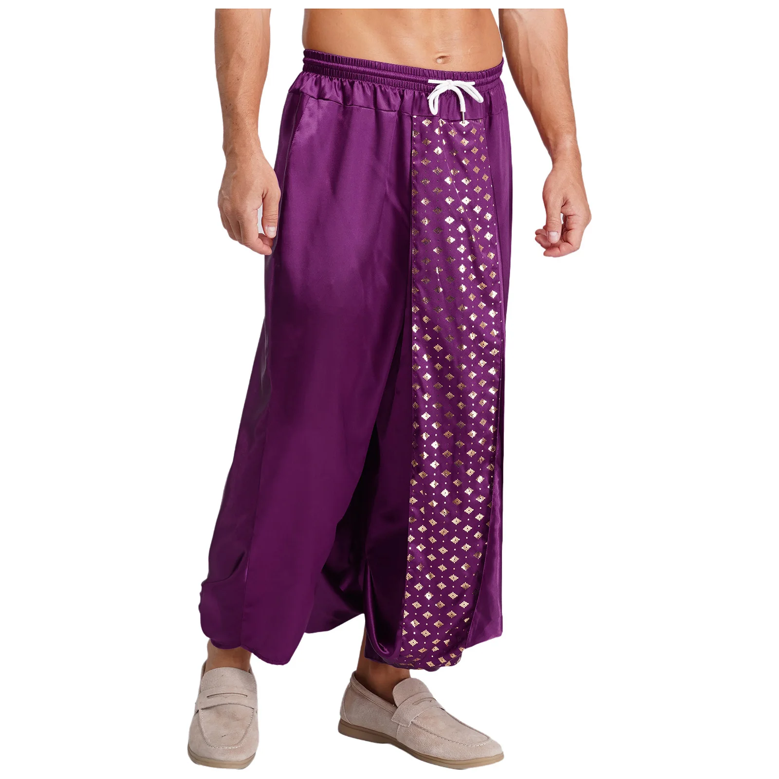 

Mens Halloween Satiny Indian Dhoti Pants Metallic Print Loose Lantern Harem Pants Traditional Thai Trousers for Party Travel