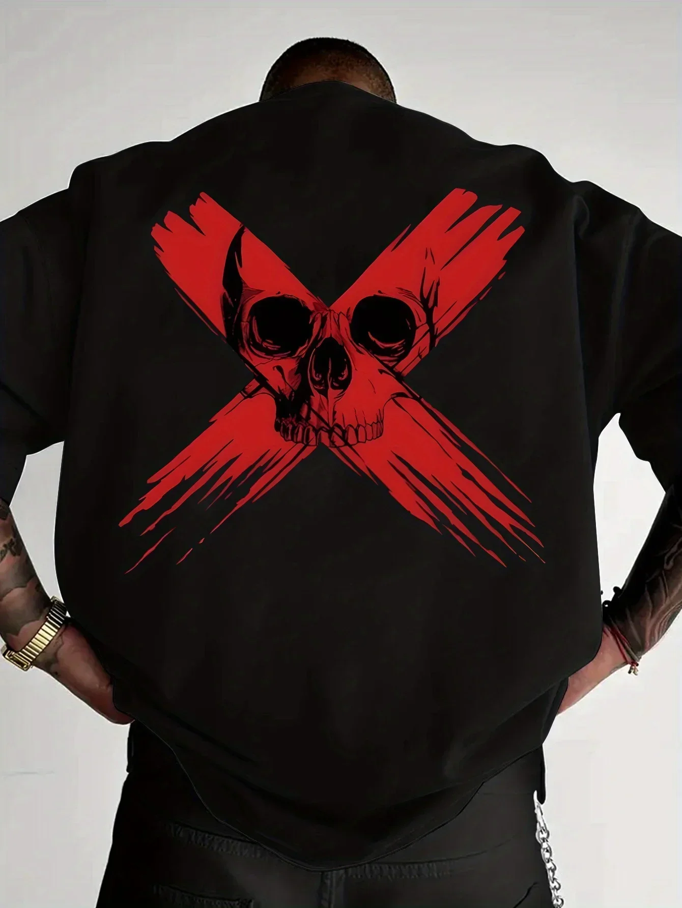 100% Cotton Men's T-Shirt with Skull and Red Cross Pen-Stroke Print, Comfortable Crew Neck Street Style Casual Short-Sleeve Top